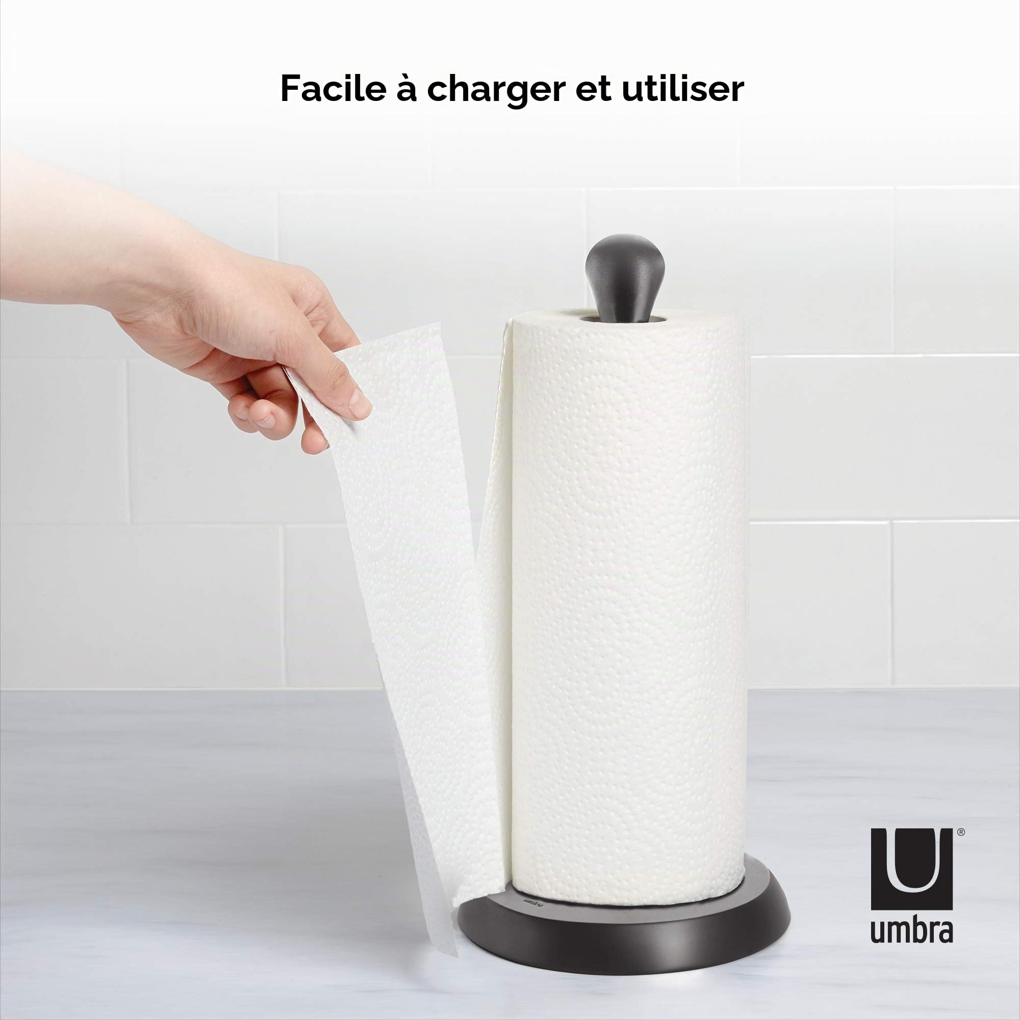 Umbra Tug Porte-Serviettes Moderne Debout – Distributeur de Papier essuie-Tout de Cuisine Facile à déchirer d'une Seule Main avec Base lestée pour Rouleaux d'essuie-Tout Standard, Noir métallique