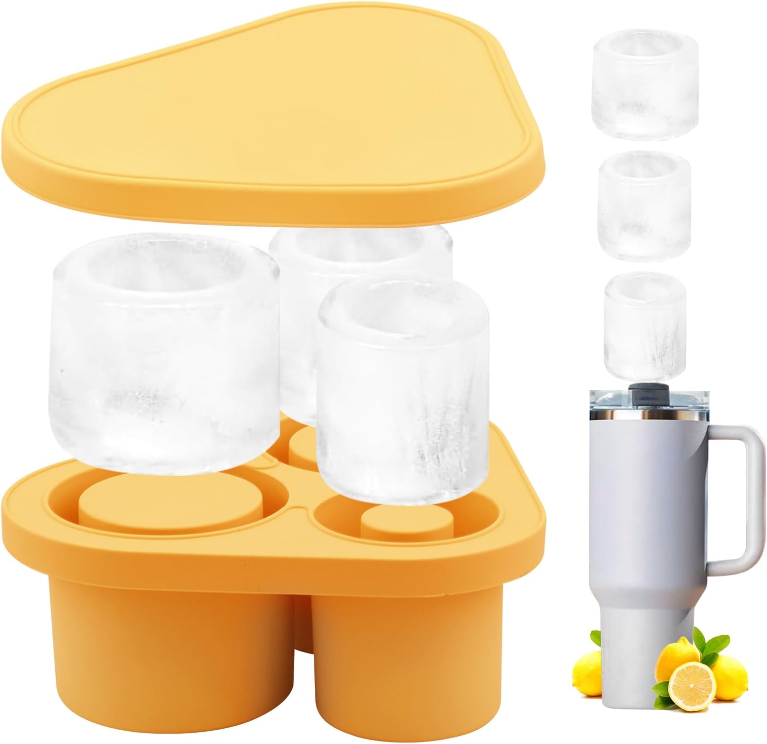 Ice Mold Tray for Stanley Cup,Ice Cube Trays with Lids for 20/30/40 oz Tumblers,Silicone Stanley Cup Ice Mold for Making 3 Hollow Cylinder Ice Molds for Chilling Whiskey Cocktail Drink Coffee (Yellow)