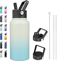 Vista 85 de BJPKPK - Botellas de agua aisladas con tapa con popote, botella grande de metal de 32 onzas con 3 tapas, termo reutilizable sin fugas y sin BPA