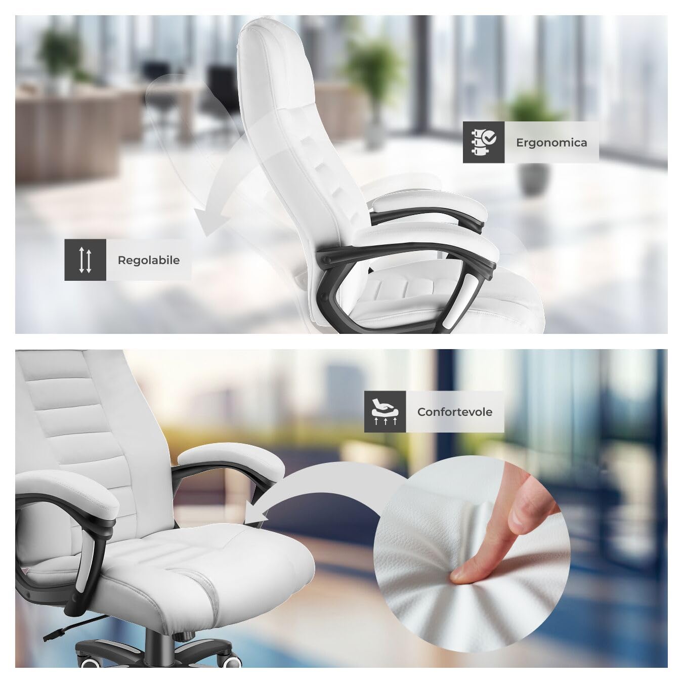 tectake® Sedia Ufficio, Imbottitura 12 cm, Sedia scrivania con Poggiatesta e Braccioli, Base con Rotelle, Sedia ergonomica con altezza regolabile, Inclinazione Continua, Poltrona Ufficio - Bianco