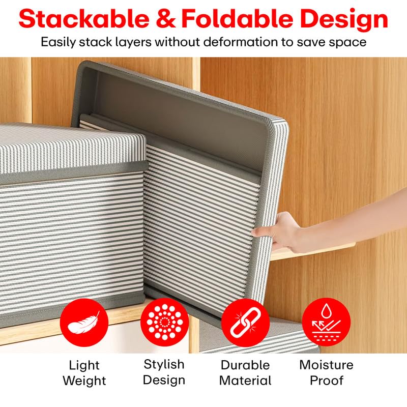 Image of Prime Pick Premium Storage Box Foldable Non Woven Cloth Organizer with Lid Reinforced Handles Washable Wardrobe Storage Bin for Clothes Almirah Drawer Grey XXL Size Pack of 4