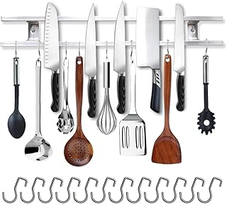 18 Inch Magnetic Knife Holder for Wall Mount-Magnetic Knife Strips with 12 Hook-304 Stainless Steel Wall Magnetic Knife Bar Rack-Knife Block-Knife Rack-Utensil Hanger-Kitchen Utensil Holder
