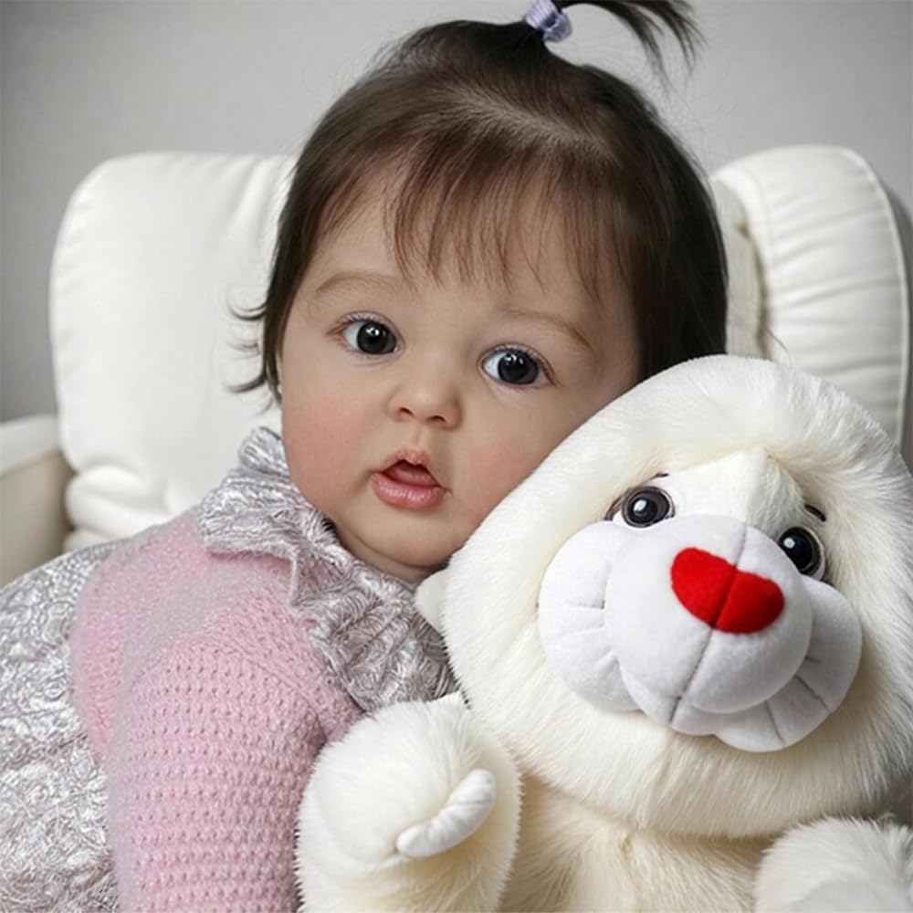Reborn Baby Mädchen 22 Zoll 55cm, Lebensecht Reborn Baby Vollsilikon Rosa Kleid Mit Spitzenkragen, Weiche Stoffpuppe Mit PlüSchtier, Sammler- Und Spielpuppe Reborn Babypuppe Mit Zubehör