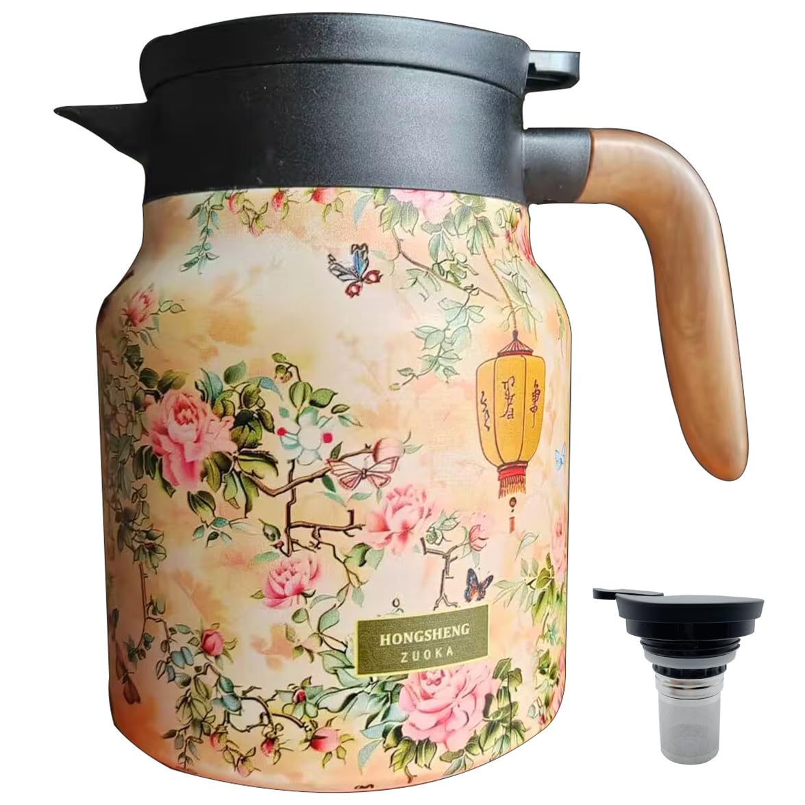 Photo 1 of 35oz Vintage Floral Teapot with Built-in Infuser - Stainless Steel Thermal Carafe, Leak-Proof Lid for Tea & Coffee (plum blossom)