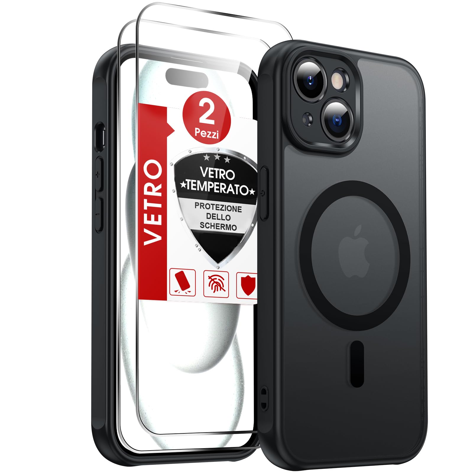 LeYi Cover Magnetica per iPhone 15 con Vetro Temperato, Custodia Compatibile con MagSafe Traslucida Opaca Anti-Impronte Resistente ai Graffi Paraurti in TPU Antiurto Protettiva iPhone 15 Case, Nero