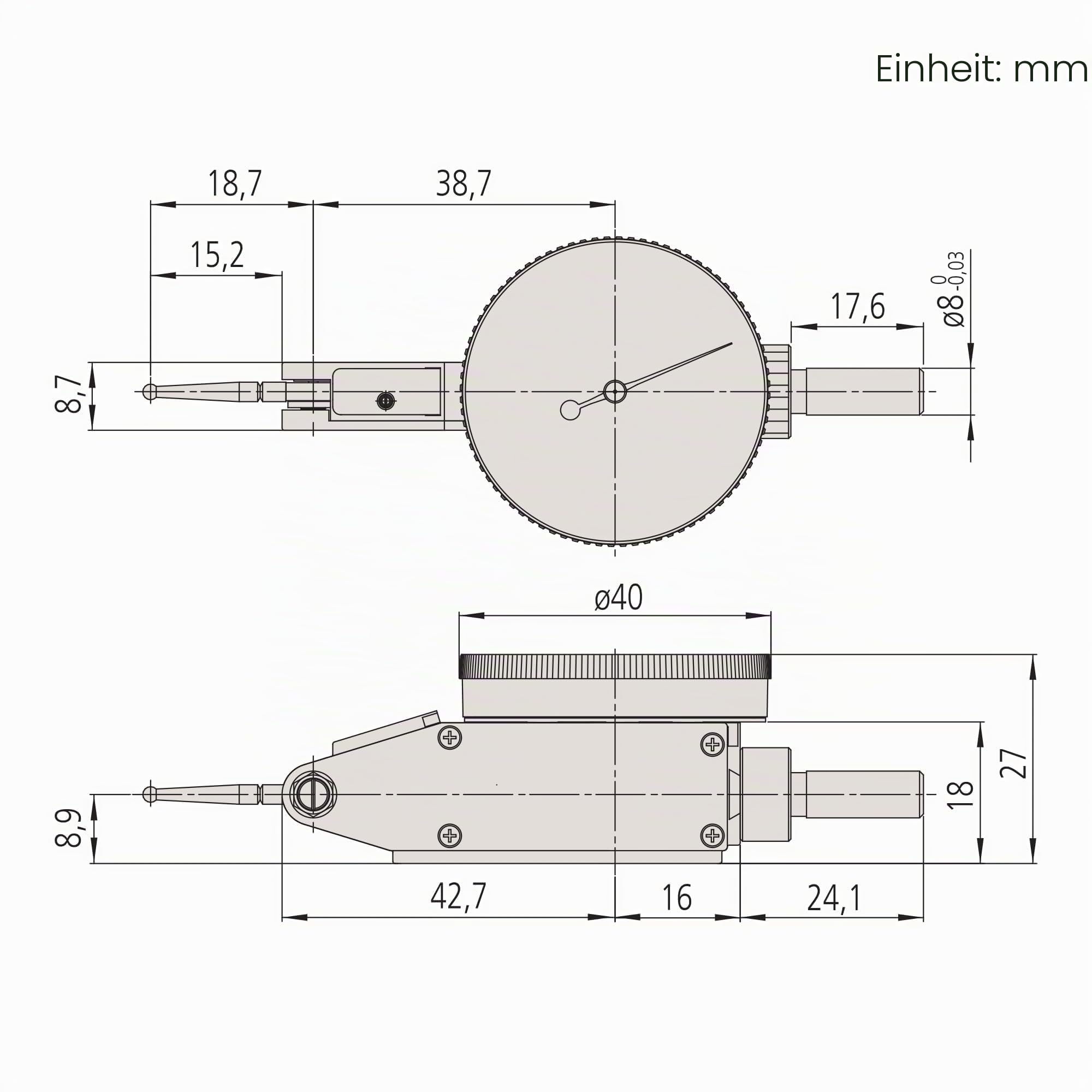 Mitutoyo 513-405-10E Messuhr mit horizontalem Typ, 8 mm Vorbau