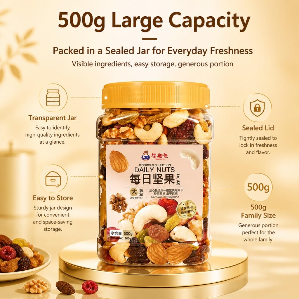 Frutos Secos Y Frutas Secas De Primera Calidad, Lata 500 G, Mezcla 3 4, Ligeramente Tostado, Tarro Resellable, Refrigerio For Viajes En Casa O La Oficina
