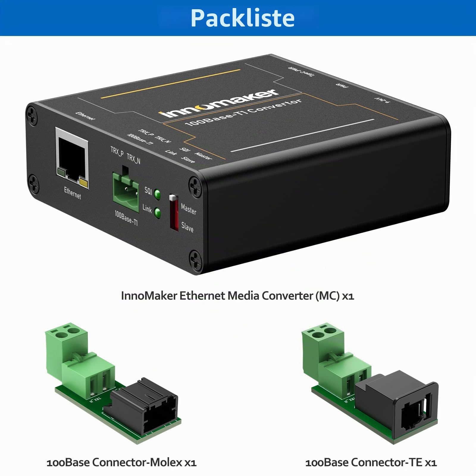 innomaker 100BASE Ethernet Media Converter Gerät 2-Draht Ethernet 100BASE-T1 zu Fast 100BASE-TX Automobil IEEE Konform mit 100Mbit/s Vollduplex Übertragung