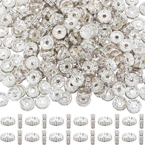 SOFPLATE 1 Box 300Pcs Brass Rhinestone Spacer Beads 10mm Crystal Bead Spacers Bulk Silver Clear Loose Charms Czech Diamond Round Metal Rondelle Spacer Beads for jewellery Making Bracelets Earrings