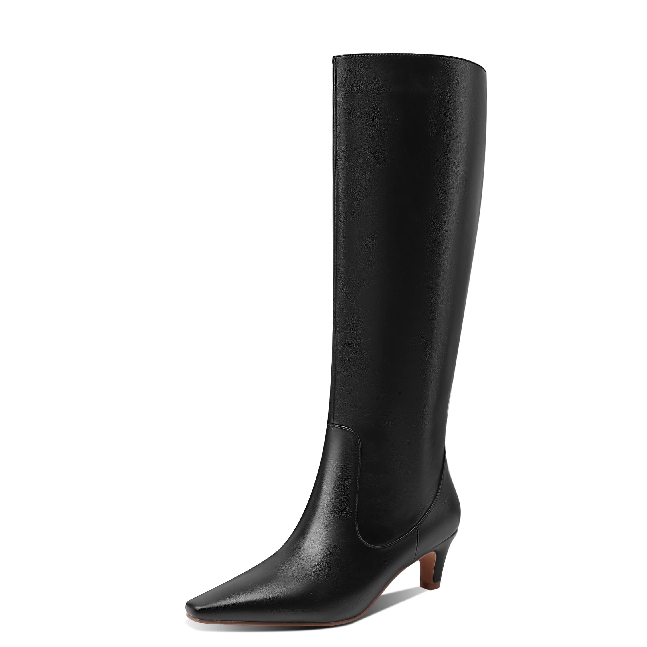 Women's Fashion Square Toe Matte Leather Solid Color Wide Calf Comfortable Slip On Low Kitten Heel Dress Knee High Boots Black Size 6