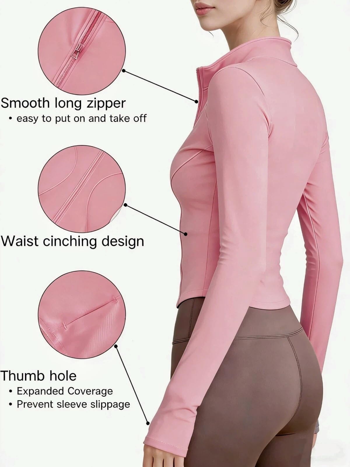 Chaquetas deportivas para mujer, con cremallera, absorben la humedad, de secado rápido, ligeras, de manga larga con agujeros para el pulgar, para yoga, gimnasio, correr — view 3