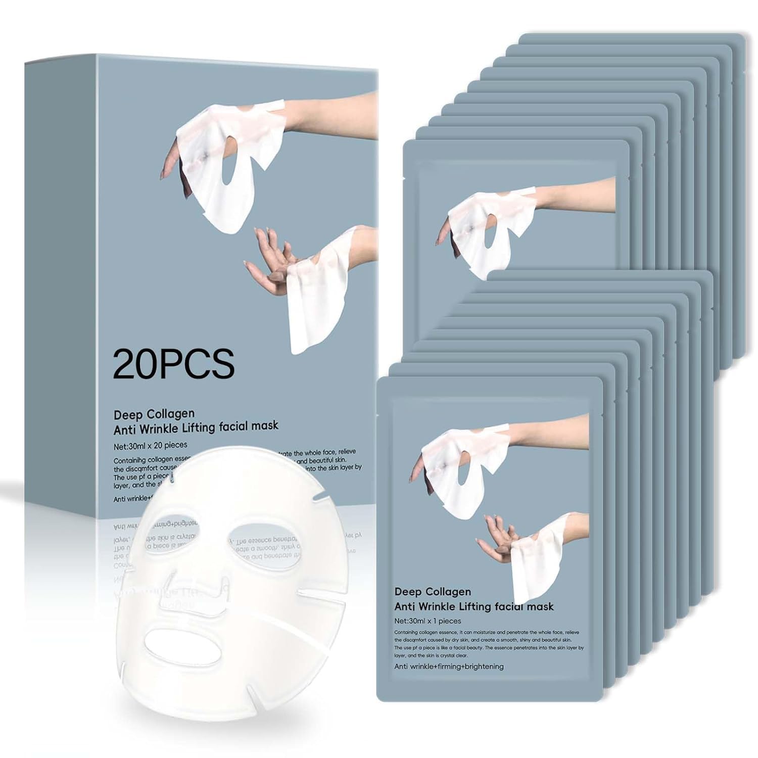 20Pack Bio-Collagen Real Deep Mask, Deep Collagen Anti Wrinkle Lifting Mask, Collagen Overnight Face Mask, Korean Face Masks for Lifting, Firming, Moisturizing - 28g x 20ea