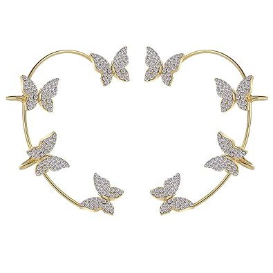 Shining Diva Fashion Latest Stylish 2 Pcs Zircon Butterfly No Piercing Ear Cuff Earrings Rhinestone Ear Wrap Around Fairy Earrings for Women Teen Girls