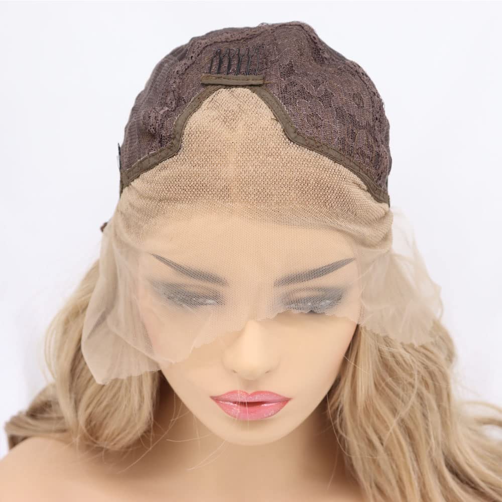 Xiweiya Wigs Sandy Blonde Hair Lace Front Wig Synthetic Champagne Gold Long Body Wave Glueless Side Part Wigs Heat Resitsnat Fiber for Women Girl Wig 24" - Image 4