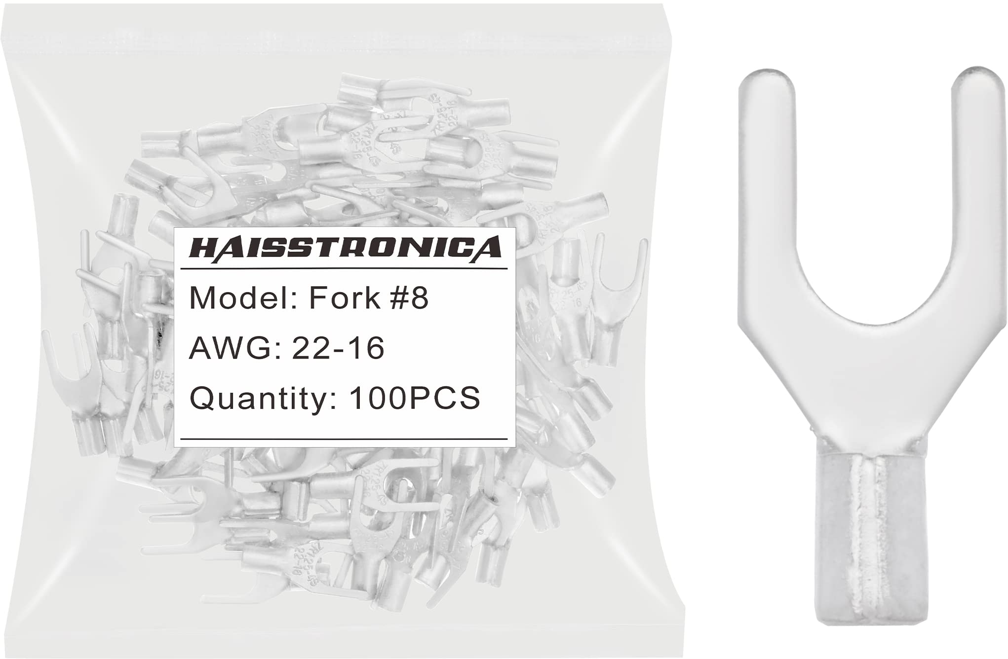 haisstronica Non-Insulated Wire Connectors,100pcs #8 Fork Terminals,AWG 22-16 Brazed Seam Copper Kit