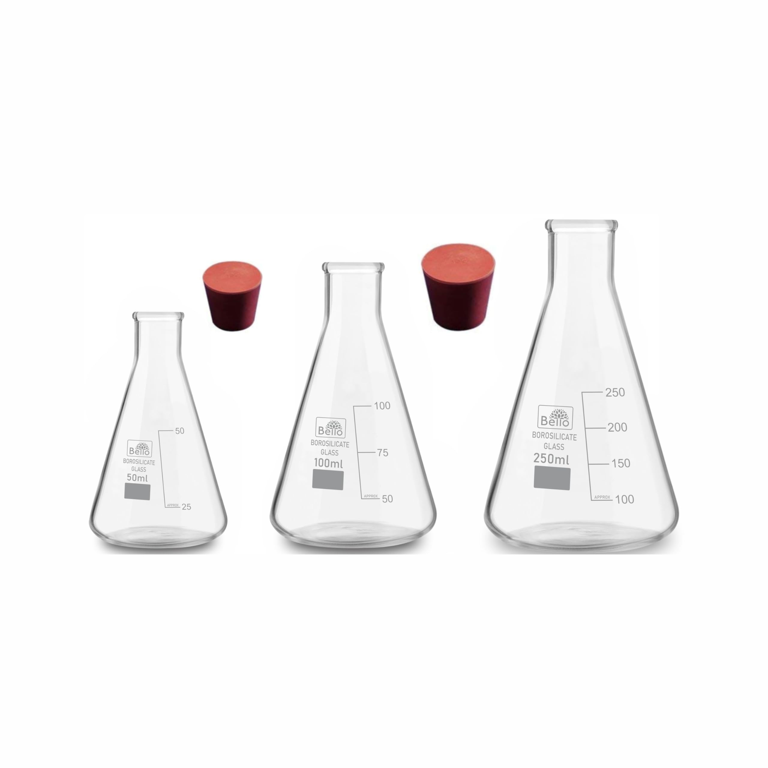 Bello Borosilicate 3.3 Glass Conical Flask - 50ml 100 ml & 250 ml with Graduation Marks and spot, Cork 2 combo of 5 products for school collage chemistry lab laboratory-image-11