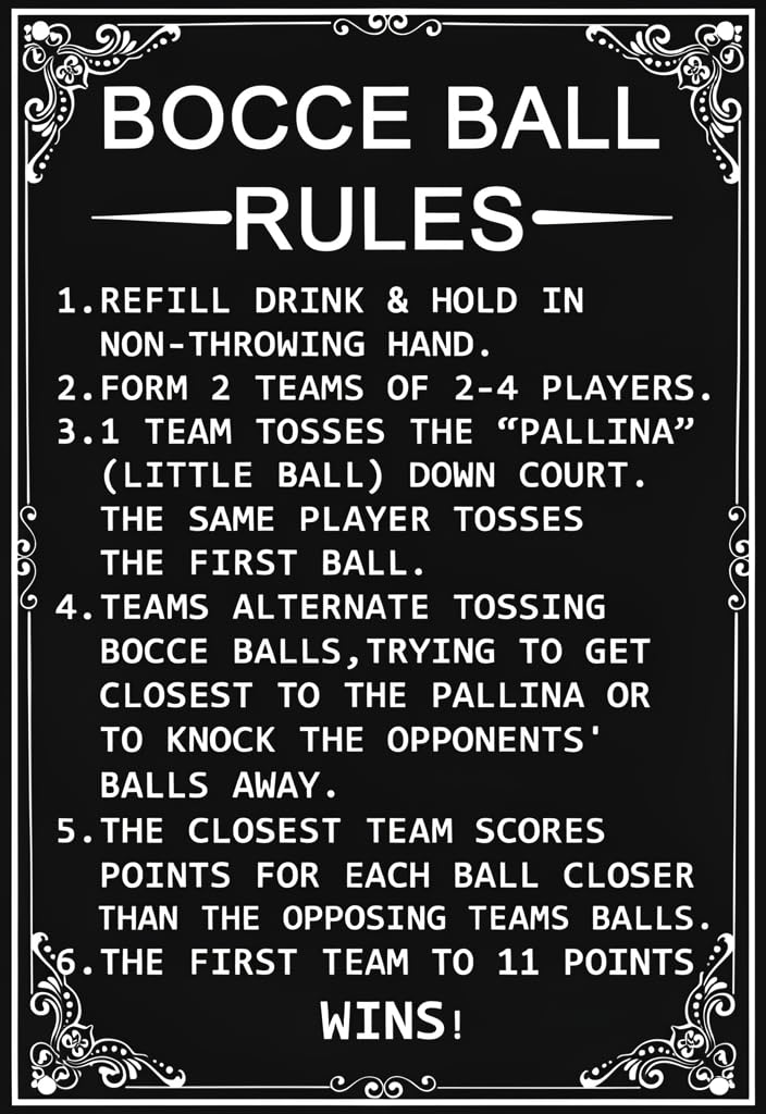 peiyeety Bocce Ball Rules Tin Sign 12x8 Inch | Vintage Black & White Metal Wall Decor Plaque | Easy-Read Game Instructions Poster for Backyard Court, Patio, Bar, Garage | Gift for Bocce Players