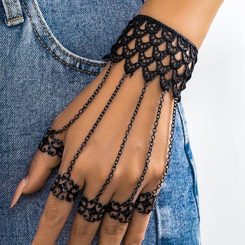 Women Gothic Halloween Black Punk Finger Rings Chain Bracelets with Ring Finger Wrist Chains Body Accessory Bracelets for Women3