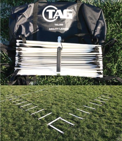 TAG Escalera de agilidad de fútbol  Incluye 2 secciones de escalera de 12 x 20 pulgadas de ancho  20 ranuras por escalera  24 pies de largo total