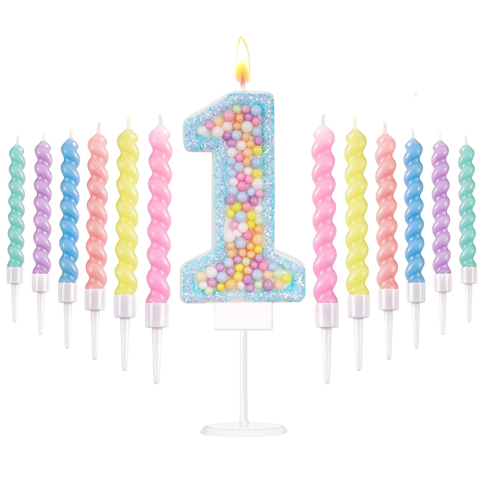 Blue Macaron 1st Birthday Candles Set, Number 1 Birthday Candle with 12pcs Spiral Candles for Girls Boy 1st Birthday Decorations, Rainbow Cake Topper for Party Decoration, Baby Showers Supplies
