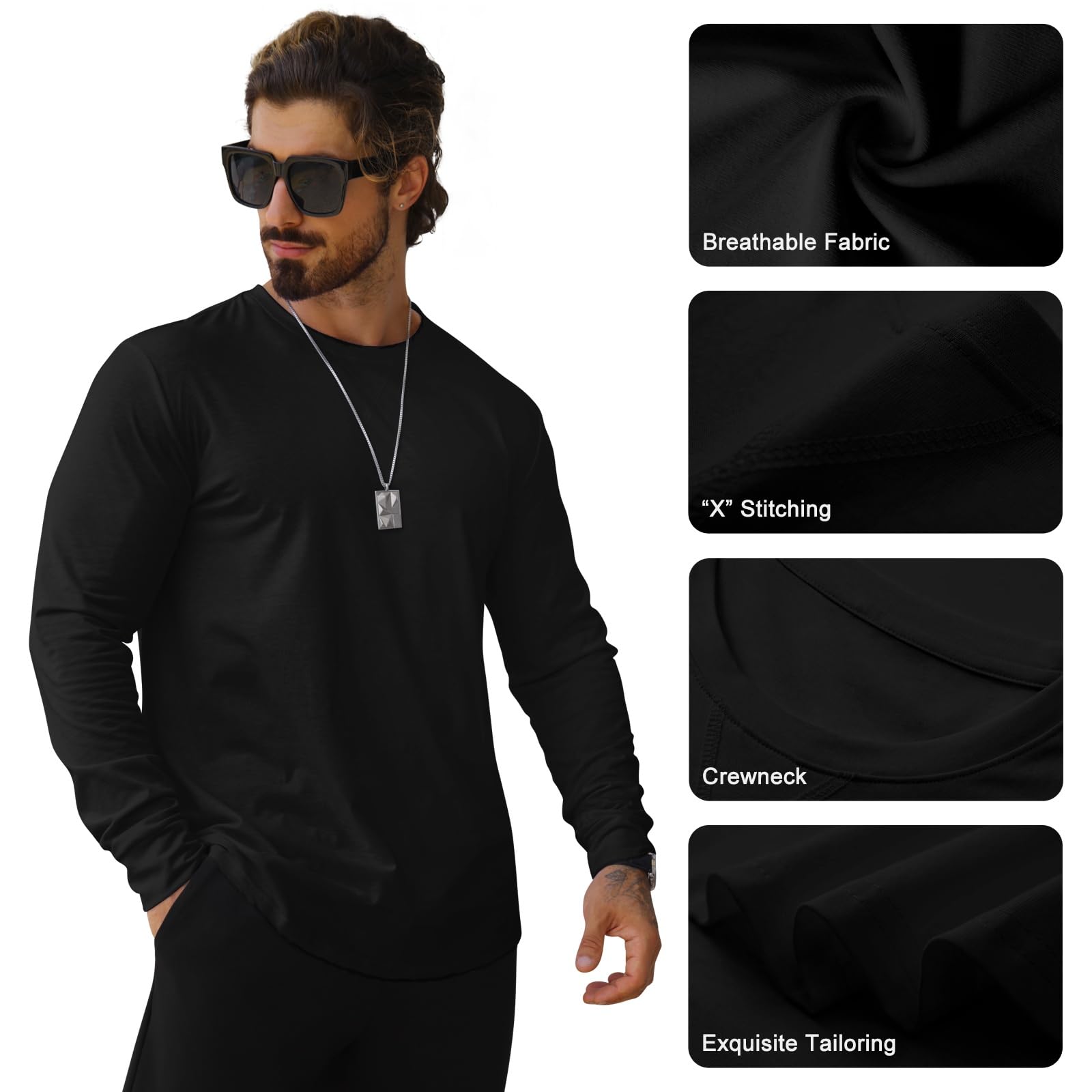Camisetas de cuello redondo para hombre, estilo hipster, hip hop, de línea larga | Camisas casuales para hombre, mezcla de algodón y poliéster, ajuste moderno para oficina, citas, club, playa