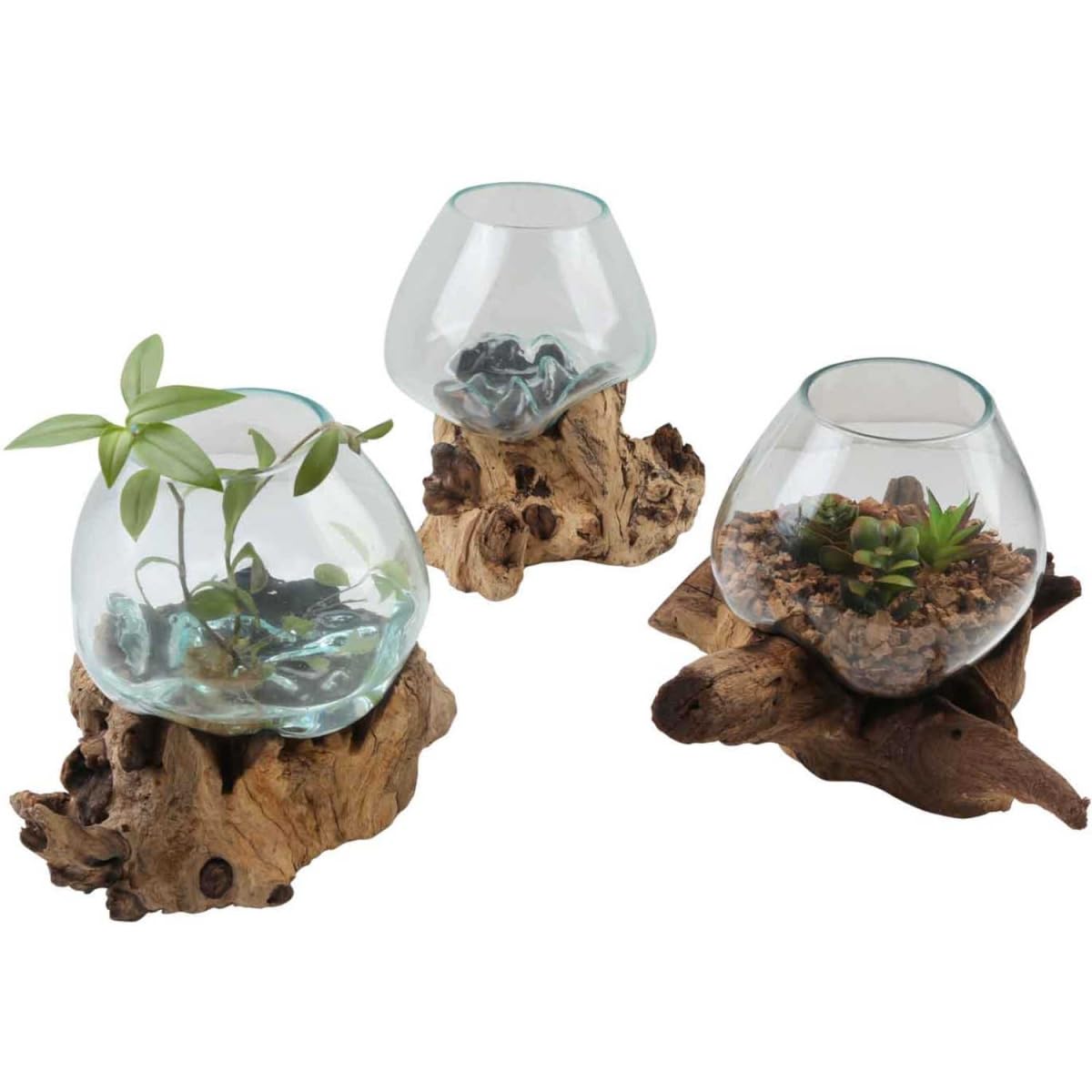 Glasvase auf Wurzelholz Ø 20cm x Höhe 27cm Recycling Glas & Teak Wurzel Holz handgefertigt extravagante Wohndeko Deko-Vase Glasschale Natur-Vase A20 Geschenk-Idee