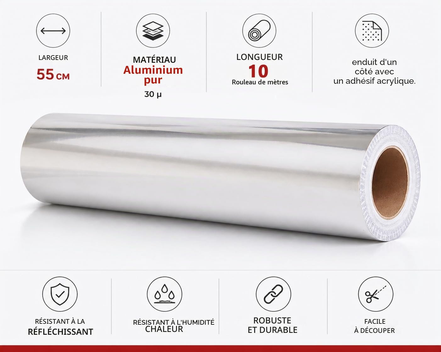 Rouleau de feuille d'aluminium auto-adhésive de 550 mm de large x 10 m