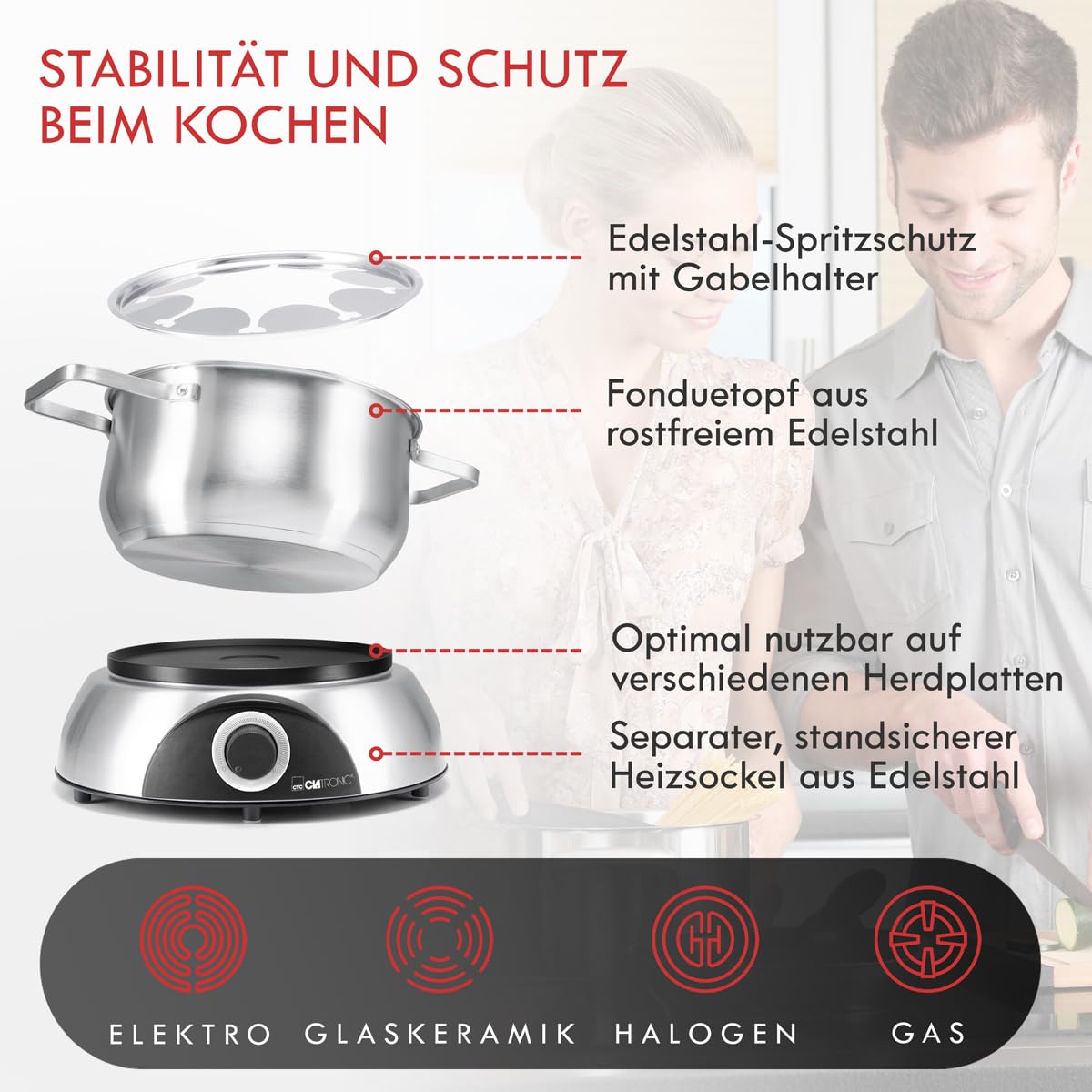 Clatronic FD 3783 - Pentola elettrica per fonduta con paraspruzzi rimovibile, per 8 persone, con forchette per fonduta in acciaio inox, codice colore, capacità max. 1,2 litri/1400 Watt, in acciaio
