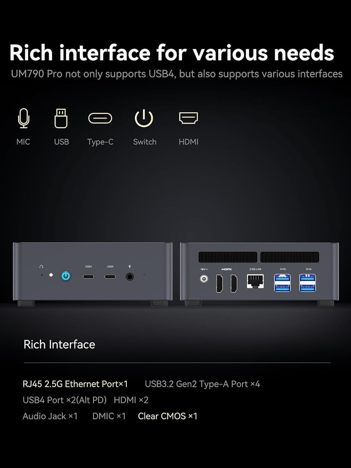 MINIS FORUM UM790 Pro Mini PC AMD Ryzen 9 9 7940HS solo 5.2GHz 32GB DDR5 512GB SSD con AMD Radeon 780M, 4x USB3.2, 2x USB4, 2x HDMI 2.1, 2x PCIe4.0, Wi-FI 6E /BT5.3, RJ45 2,5 G