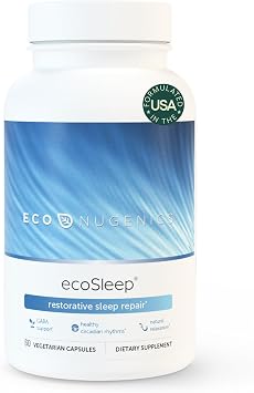 EcoNugenics ecoSleep Sleep Aid مع مزيج دعم GABA، المغنيسيوم، L-Theanine، النياسين يساعد على تعزيز النوم العميق، إيقاعات الساعة البيولوجية الصحية، الاسترخاء، مكمل هادئ للبالغين، 60 كبسولة