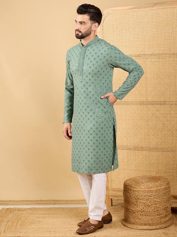 Image of Men's Solid Embroidered Long Straight Kurta | Men's Kurta | Embroidered Chikankari Kurta for Men | Straight Fit Kurta for Men