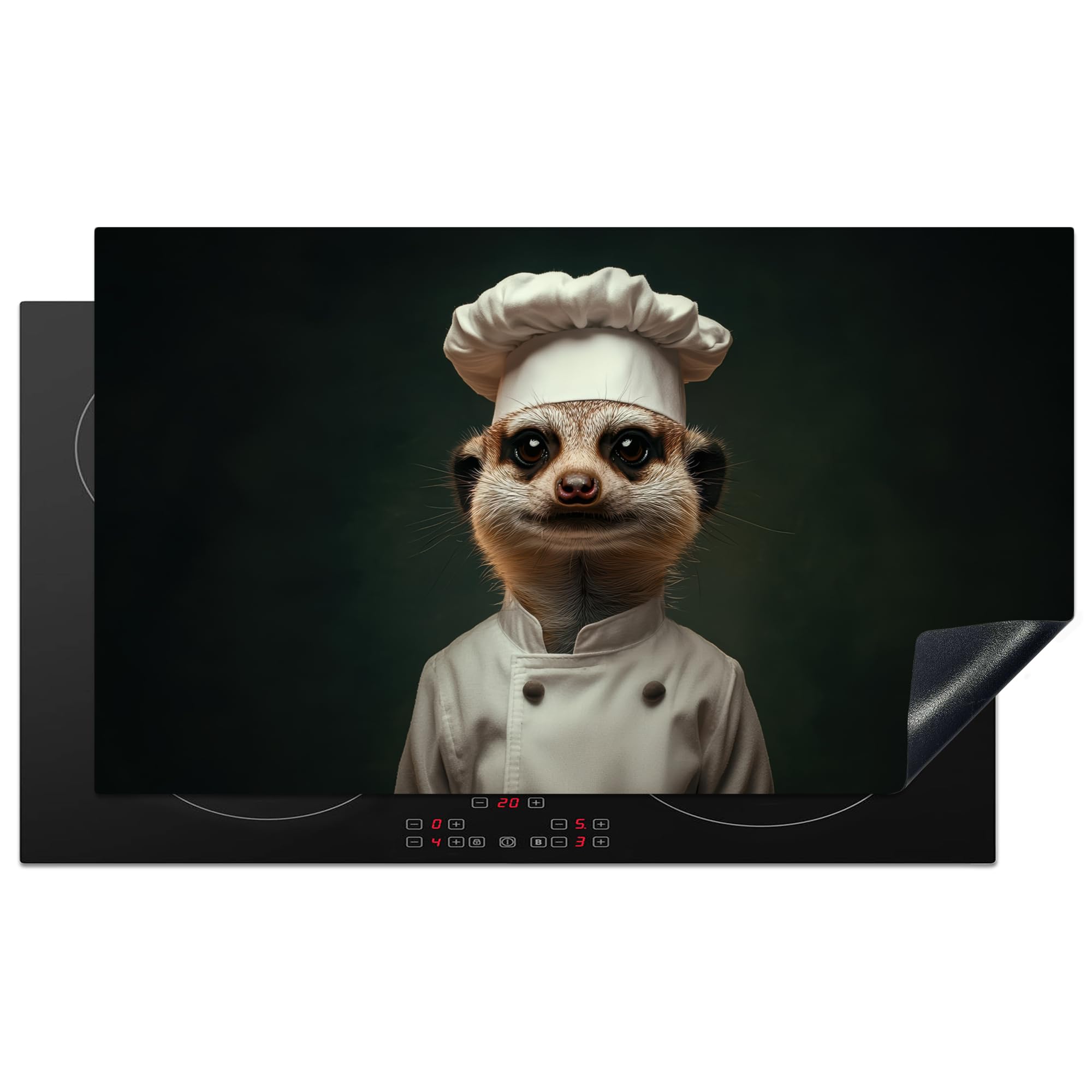 KitchenYeah© Induction Hob Cover Protector Mat 20.5"x35.9" / 91.2x52 cm Kitchen Universal Ceramic Covers for Electric Cookers Vinyl Animal - Chefs Hat - Meerkat