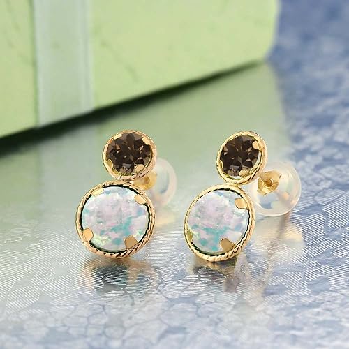 Miniatura 2 de Gem Stone King Aretes de oro amarillo de 14 quilates con ópalo blanco simulado y cuarzo ahumado marrón para mujer