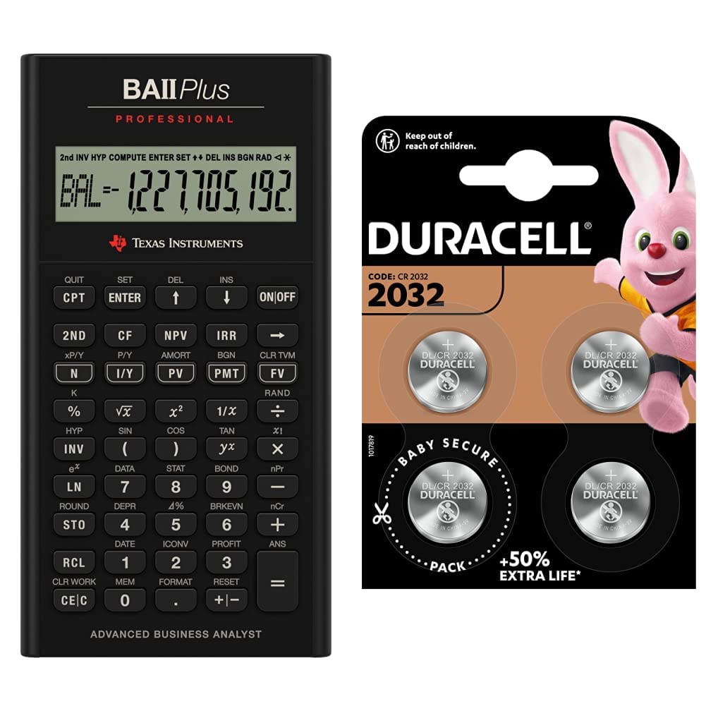 Texas Instruments BA II Plus Professional Calculatrice + Duracell 2032 Pile Bouton Lithium 3V, Lot de 4, avec Technologie Baby Secure, pour Porte-clés