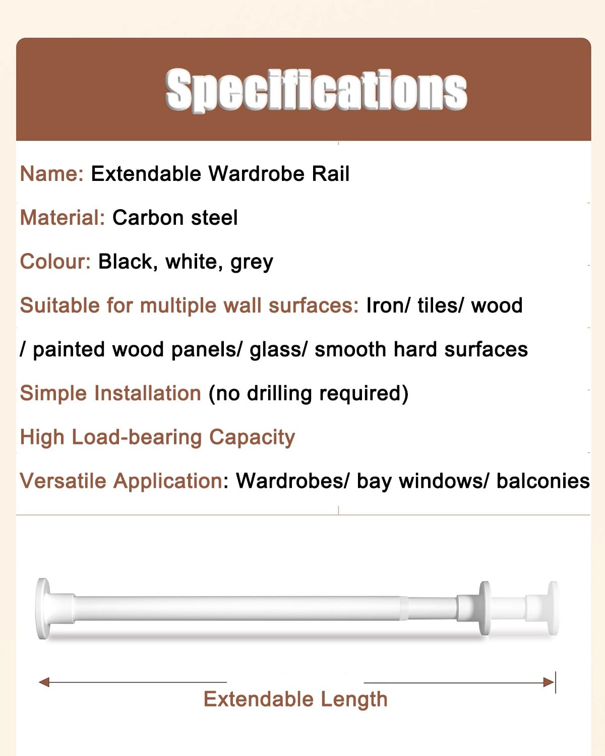 Tubo Asta Barra Appendiabiti Barra appendiabiti estensibile in acciaio al carbonio, asta appendiabiti da parete per appendere i vestiti, binario per armadio senza foratura(White,28-43in/70-110cm)