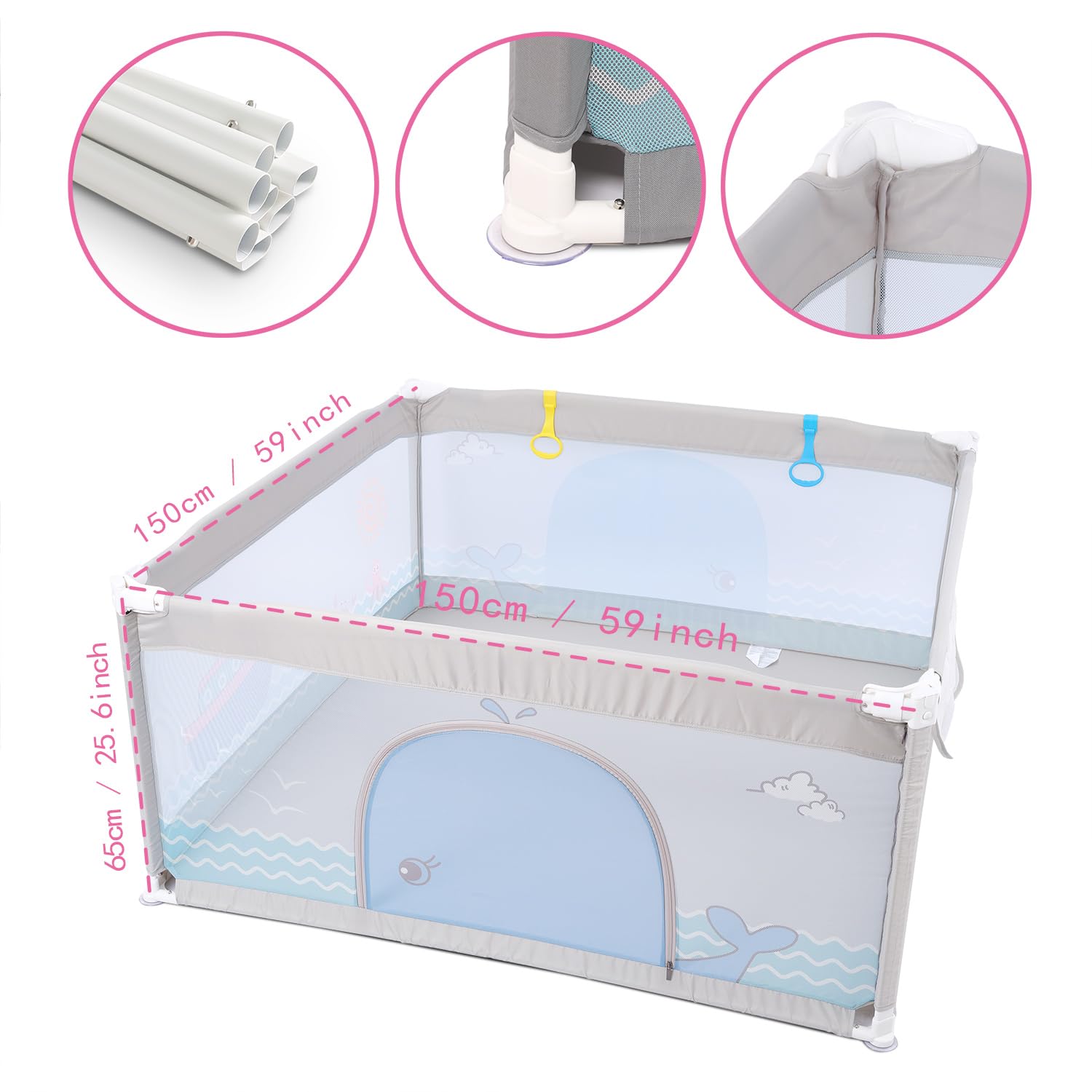 SeedFuture Baby Playpen 59x59 Inch Extra Large with Gate Light Grey, Soft Breathable Playpen for Toddlers, Safety Infants Playpen, Indoor or Outdoor Kids Activity Yard Kids Playpen with Suction Cup