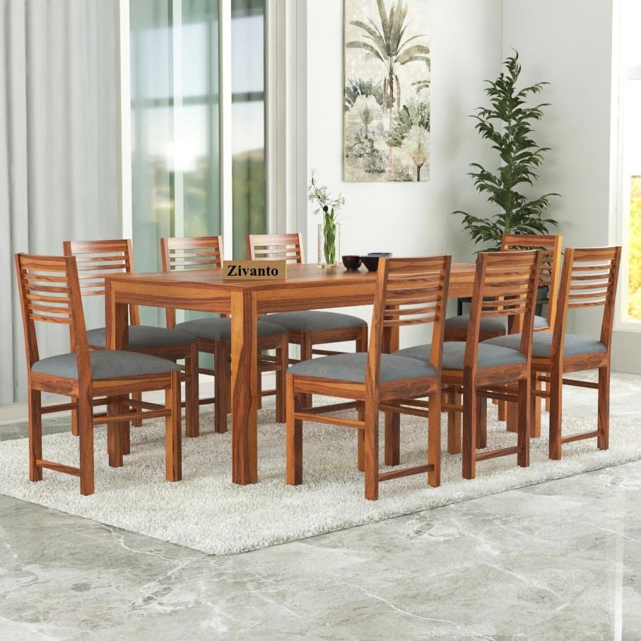 Image of Sheesham Wood Dining Table 8 Seater | Rectangle Eight Seater Dinning Table with 8 Grey Cushion Chairs for Home | Kitchen Dinner Table 8 Seater | Dining Room Sets for Restaurants | Teak Finish