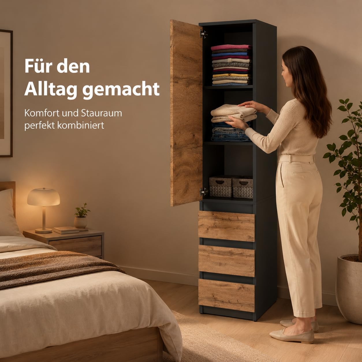 ELVA Kleiderschrank 40 cm breit – Modularer Mehrzweckschrank Anthrazit / Wotan Eiche – Grifflos Design Hochschrank mit Schubladen & Türen – Schmaler Vorratsschrank für Schlafzimmer, Flur & Büro