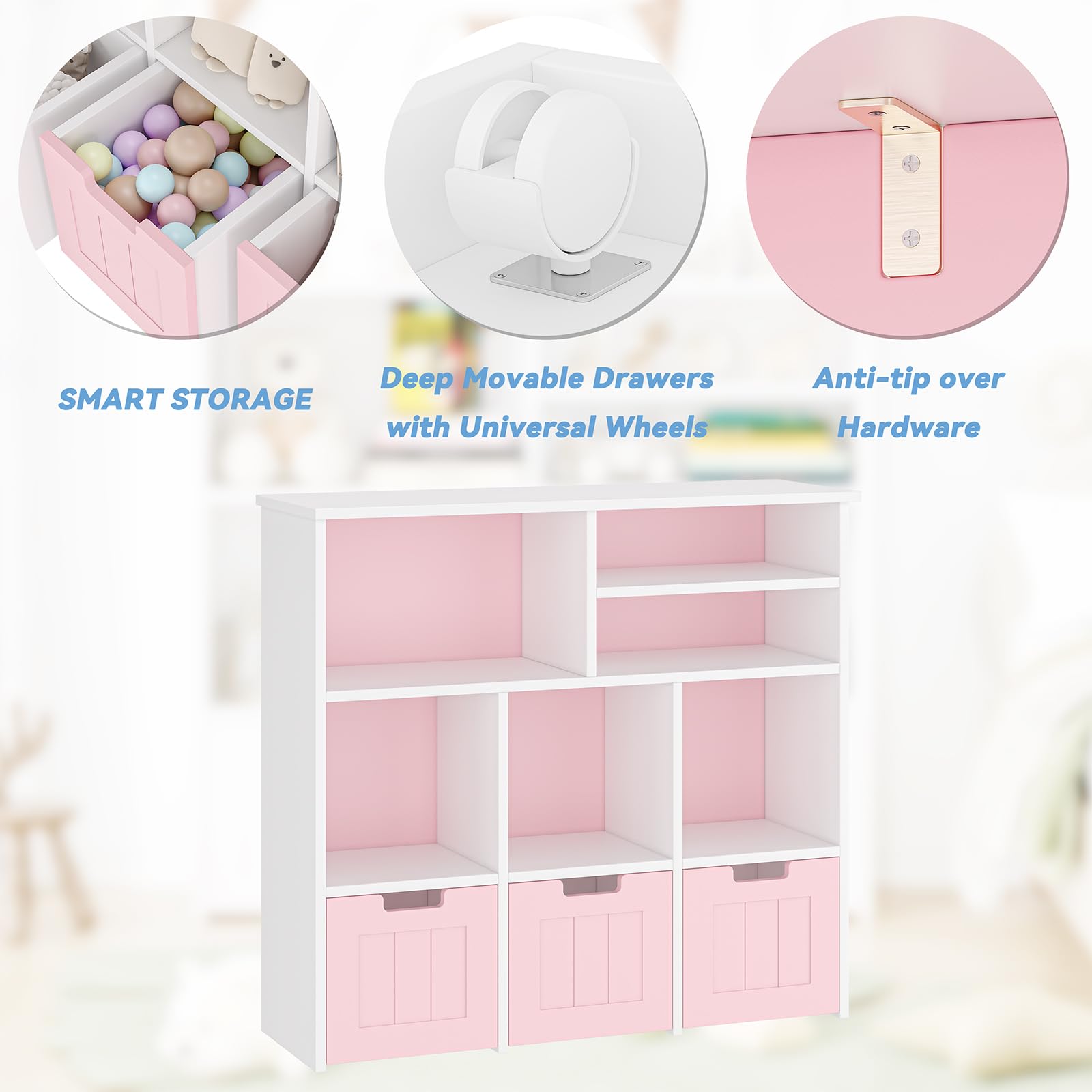 Kinderregal, Spielzeugaufbewahrung Für Kinder, Aufbewahrungsschrank, Spielzeugschrank, Aufbewahrungsbox Mit Rollen, Spielzeugregal, Kinderregal Boxen Auf Möbel, Aufbewahrungregal,100x33x89Cm,Weiß-Rosa