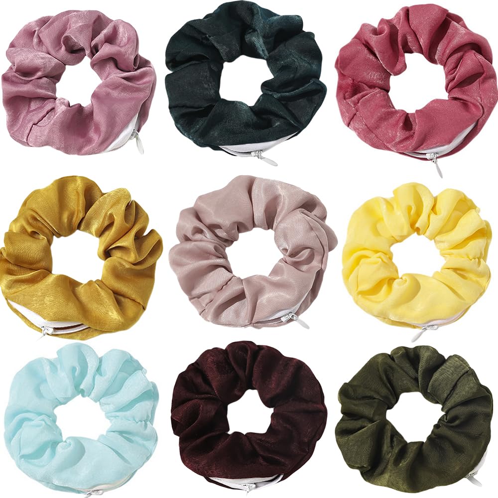 DINPREY Women Premium Chiffon Scrunchies with Zipper Pouch, 9 PCS Solid, Rainbow (6 PCS), Hair Ties for Vsco Girl Stuff Scrunchies