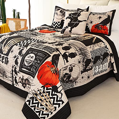 Cmfshape Halloween Bedspread,Black Quilt Set King Size,Pumpkin Ghost Festival Themed Bedding Set,Decorative Quilted 4 Piece Coverlet Set with 3 Pillow Shams(Black,King104 x90)