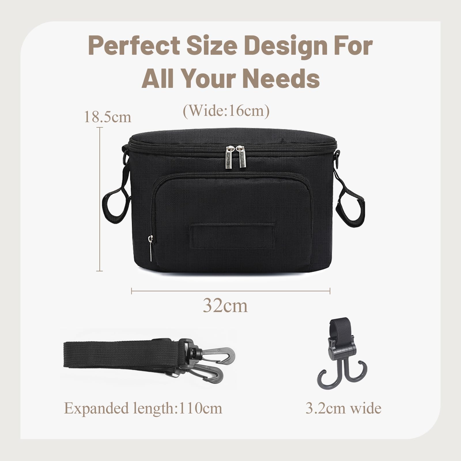 Multifunzione Borsa Organizer per Passeggino, Borsa Cambio Neonato, Impermeabile Borsa per Passeggino con Tracolla, Usato Come Borsa da Trasporto, Organizer Universale per Passeggino (Nero)