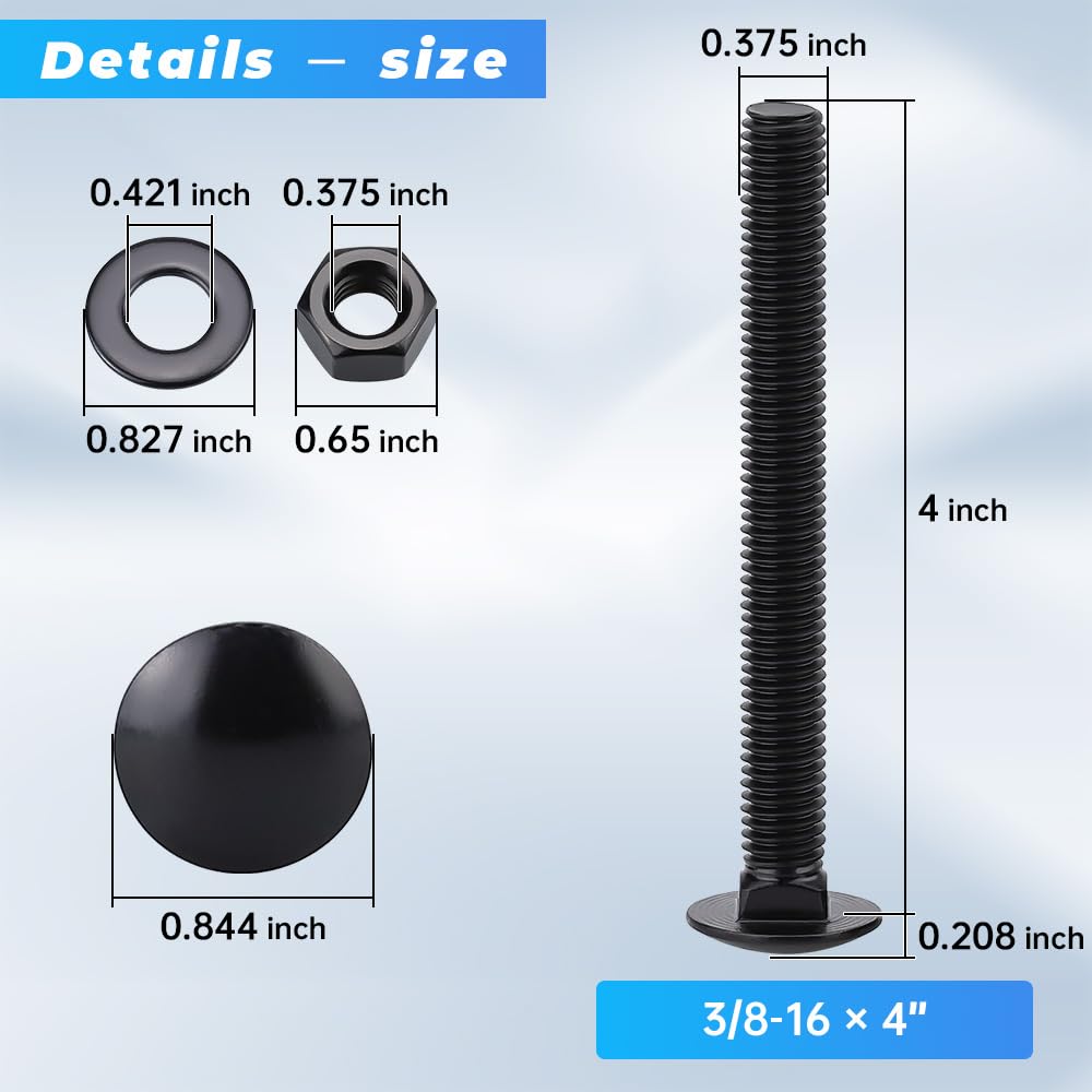 10 Sets 3/8-16 x 4 Black Carriage Bolts Screws and Hex Nuts & Flat Washers, 304 Stainless Steel 18-8, Round Head Square Neck, Full Thread Coverage