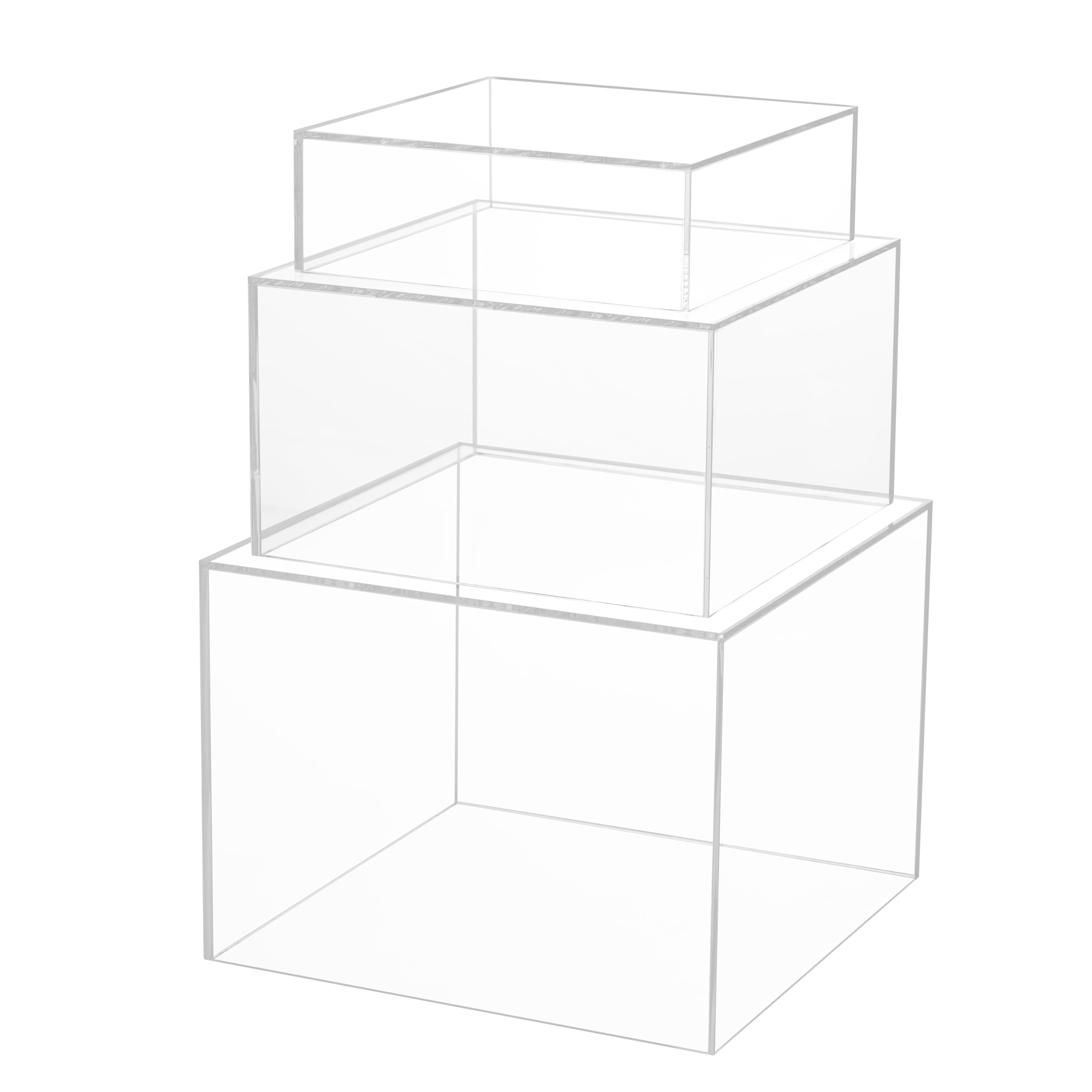 Winter Shore Acrylic Cube Display Risers [3 Pack] - Clear Nesting Display Box Stands with Hollow Bottoms - Square Transparent Storage Acrylic Boxes for Retail & Home Display - Small, Medium, Large