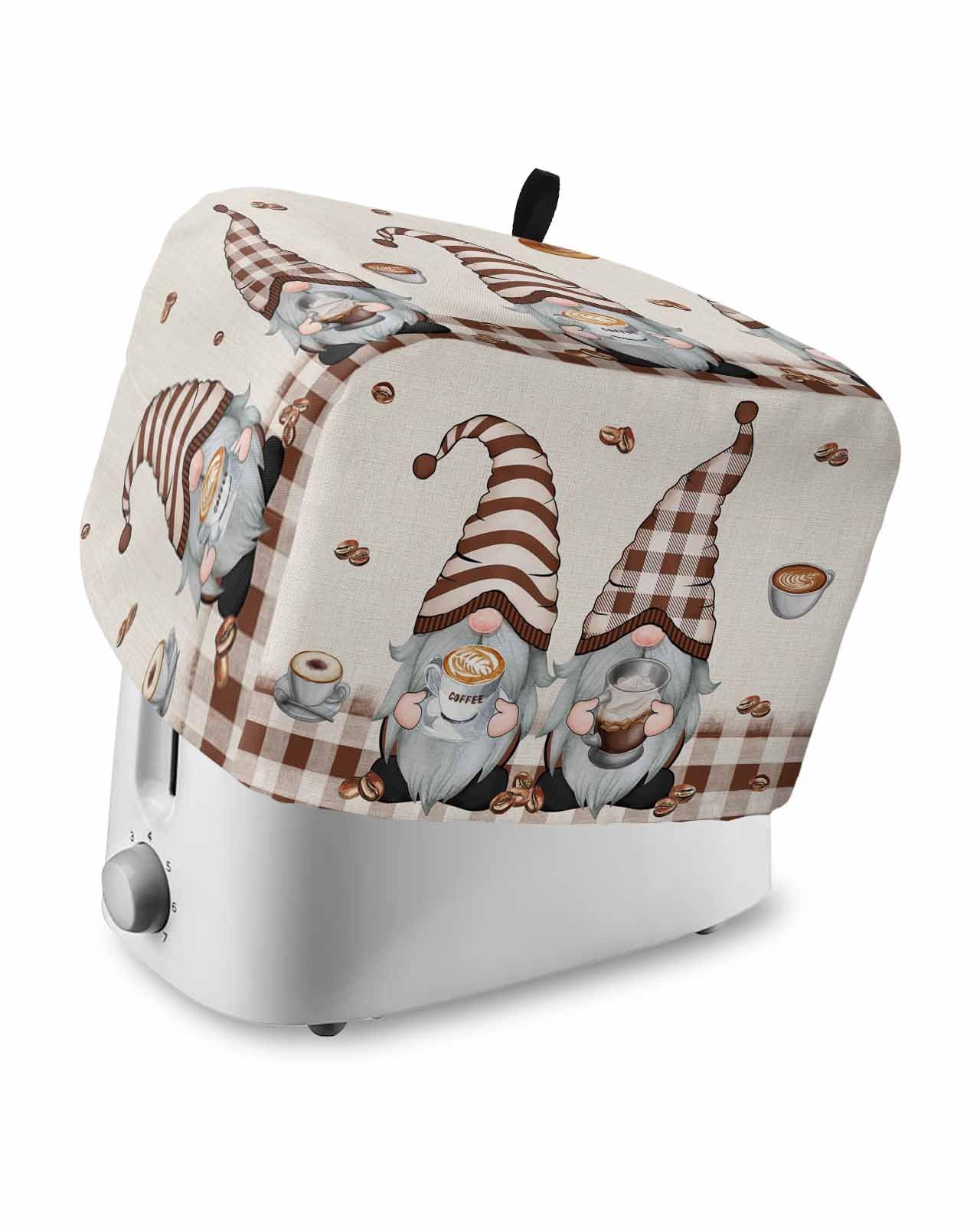 Toaster Cover 2 Slice Gnome Holding Coffee Cup Toaster Oven Cover with Pockets Coffee Beans Brown Plaid Bakeware Protector Small Kitchen Appliance Dust Covers and Fingerprint Protection for Women