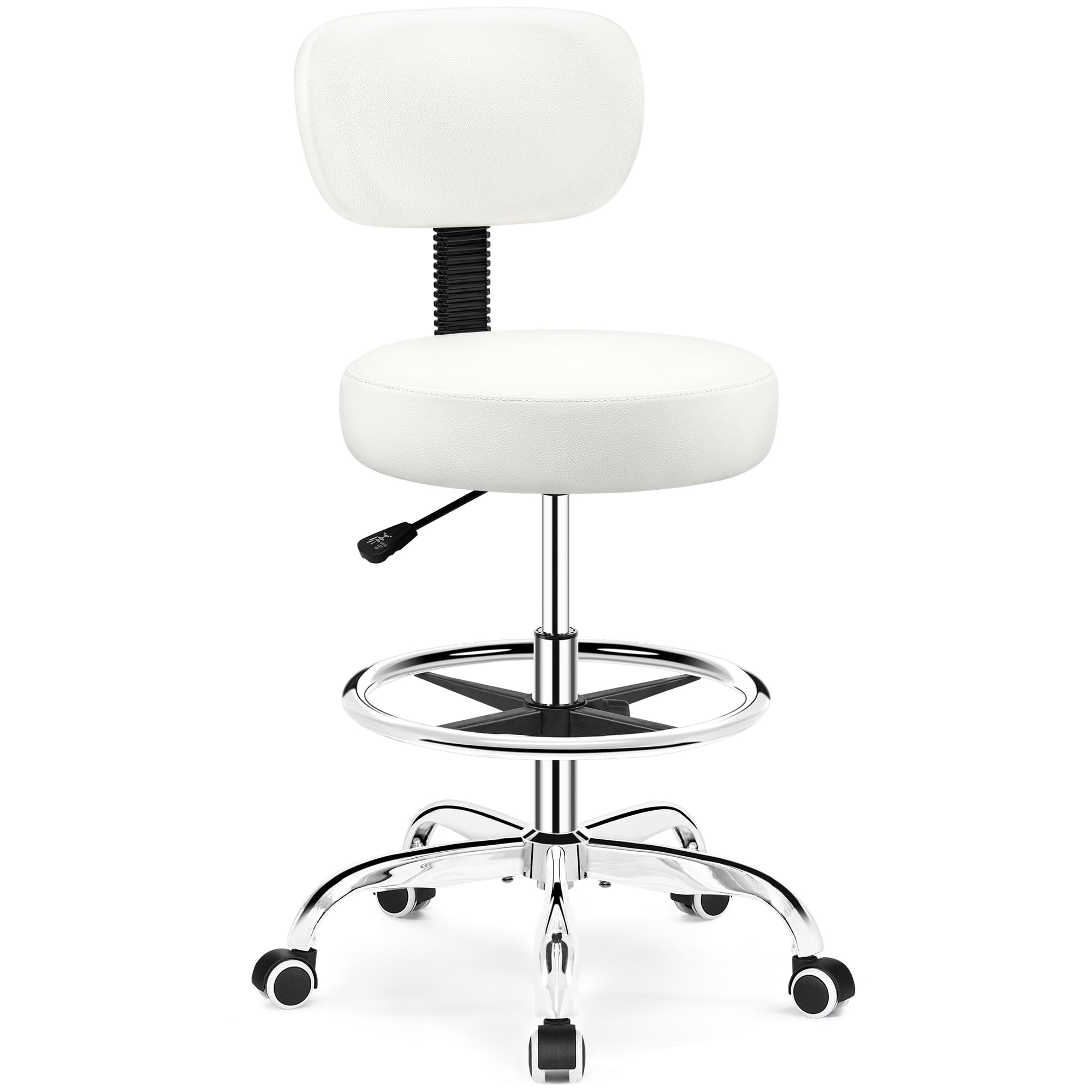 Drafting Chair with Backrest – Adjustable Foot Rest Rolling Stool with Wheels, PU Leather Swivel Stool for Office Spa Studio Lab Counter Salon Home Work Bar Kitchen Shop(White)