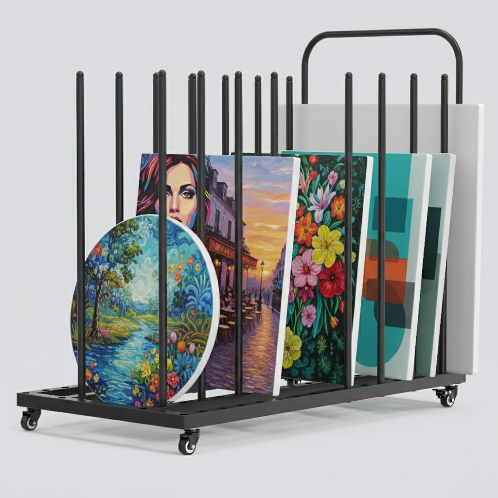 MOOFI Art Storage Rack Storage Organizer for Canvas, Art Drying Rack with Casters and Handle- Paint Drying Rack for Art, Canvas Boards, Frames, Panels, Posters Prints (Fixed Handle)
