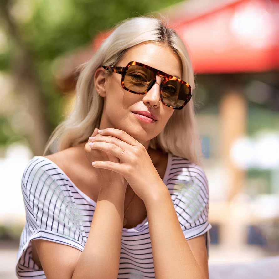 FEISEDY Trendy Square Aviator Oversize Sunglasses for Women, Vintage 70s Flat Top Shades B41753