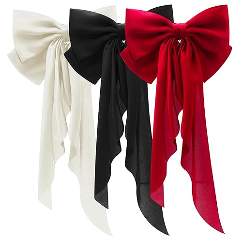 Lazos para el cabello para mujer, 3 unidades, color blanco, negro y rojo, lazos de satén con cinta larga y sedosa, lazos grandes, accesorios para el