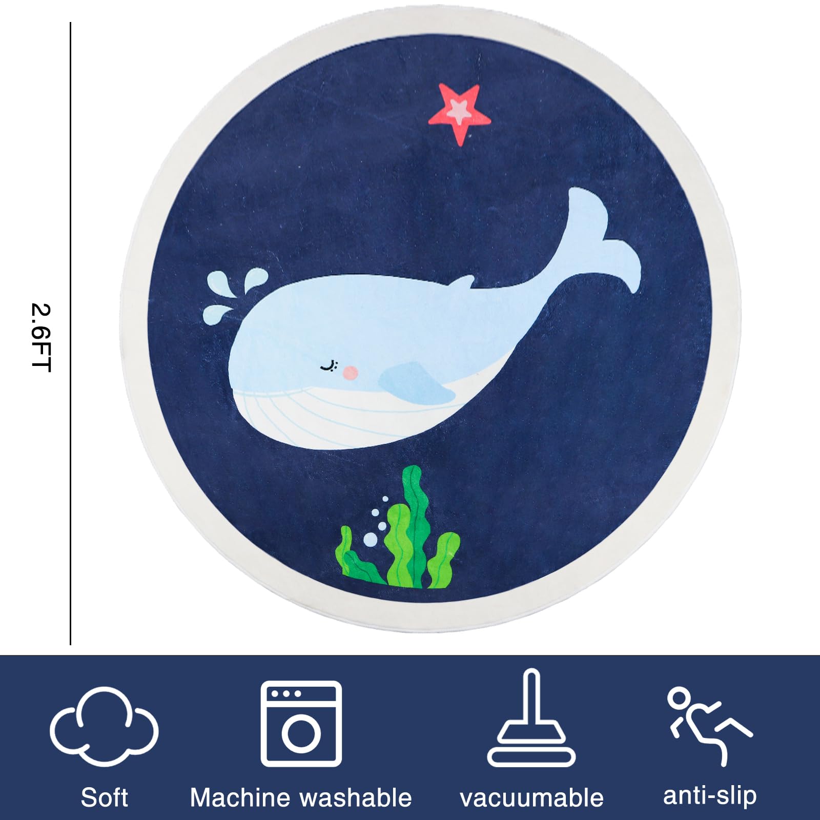 Kids Round Area Rug With Whale Design BVOGOS 3 Ft Blue Whale Kids Round ...
